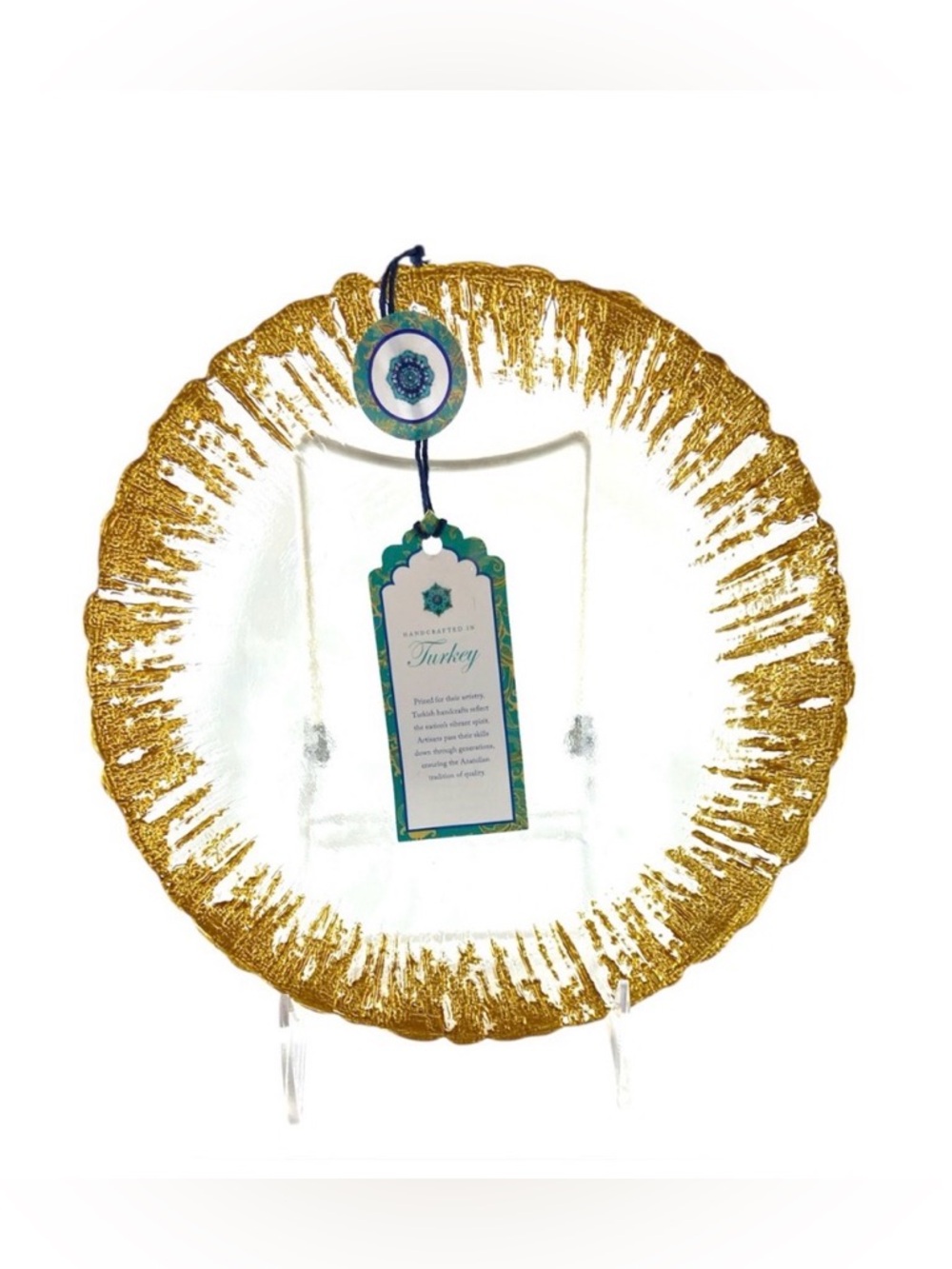 Set of 5 Handcrafted Clear & Gold Glass Salad Dessert Plates Gold Sunburst‎ Rim